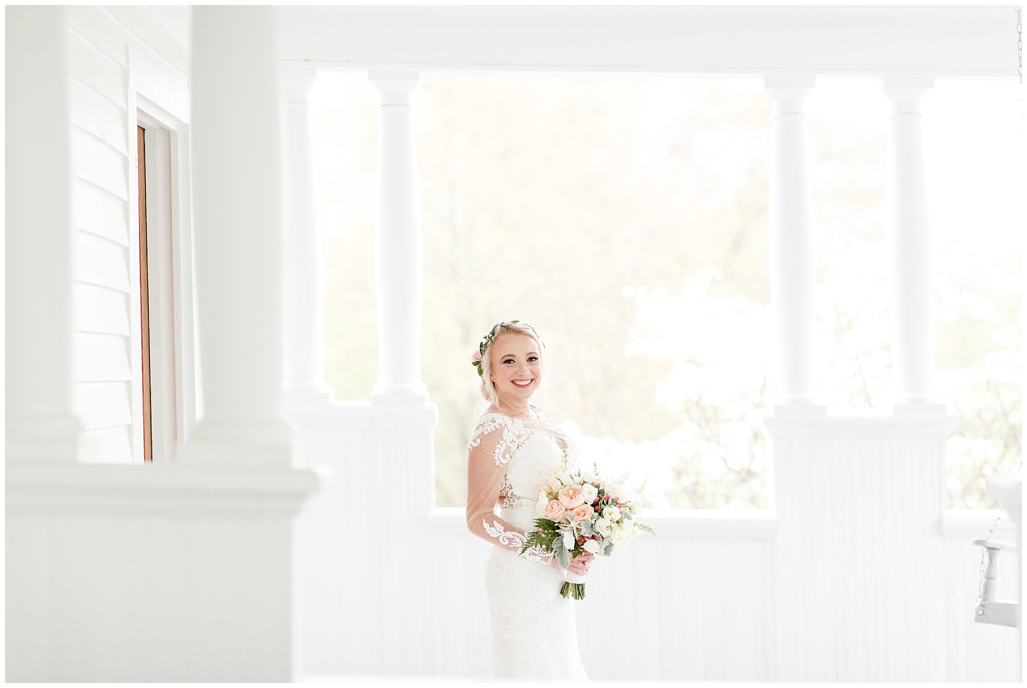 bridal session at ritchie hill venue in concord with big porch and wooden french doors