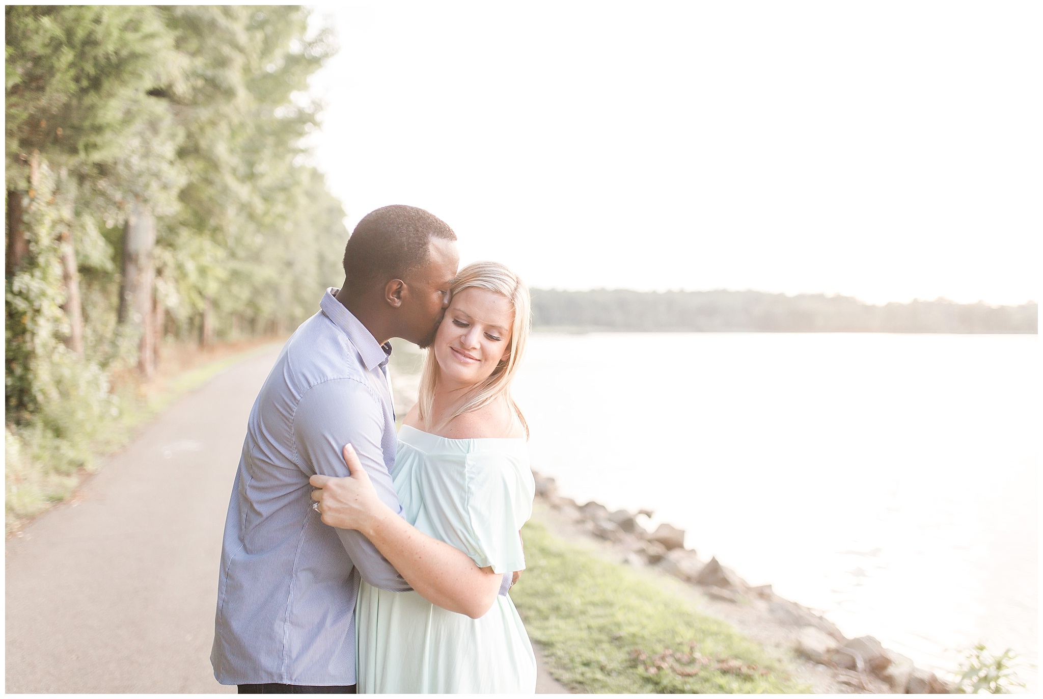 summer sunset engagement session by the lake park